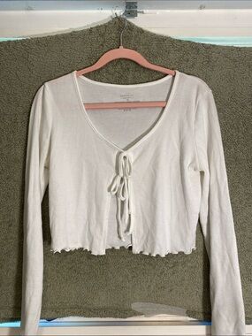 Womens Cream Tie-Front Waffle Knit Crop Top
